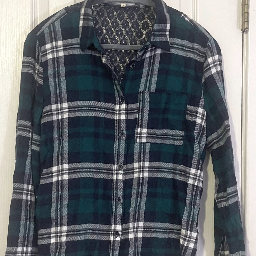Green & Blue Plaid Flannel Top with Lace Back Panel